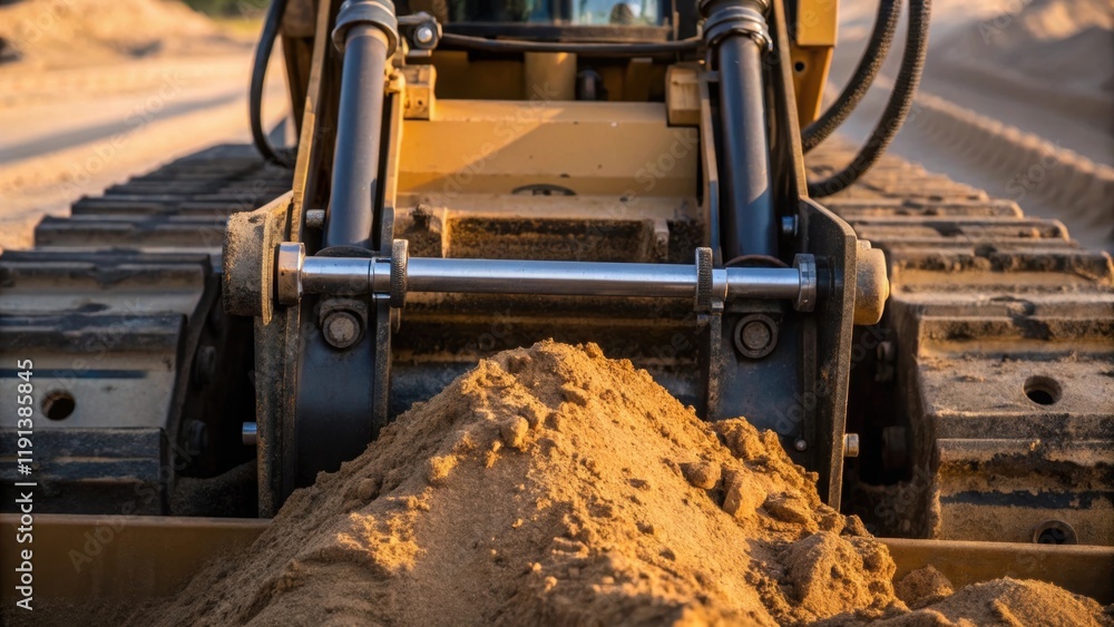Poster A detailed shot of the hydraulic system of the bulldozer glinting in the early morning light with sandy soil accumulating on the parts as the machine performs its task.