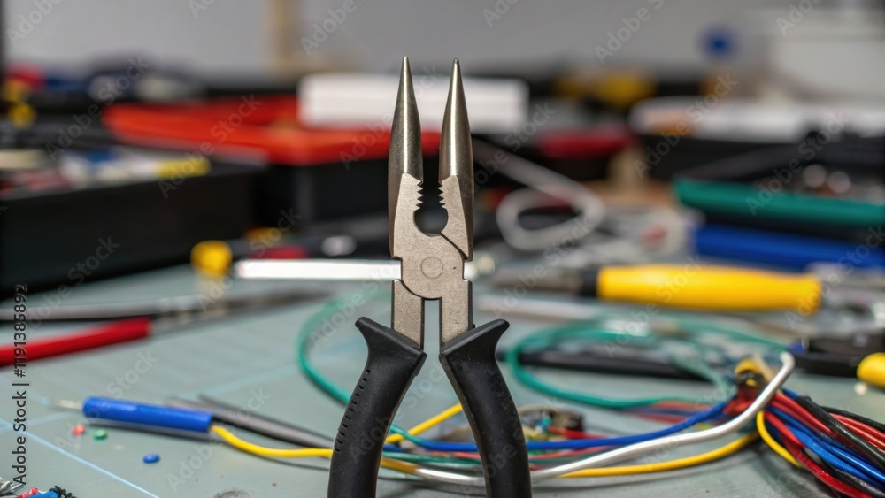 Poster a detailed view of a pair of precision pliers gripping a wire surrounded by snippets of wires and to