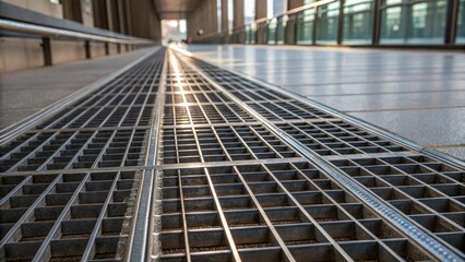 Obraz premium A detailed shot of a series of metal grates on a floor arranged neatly in rows with reflections creating a visual rhythm that draws the eye along the structured pathway.