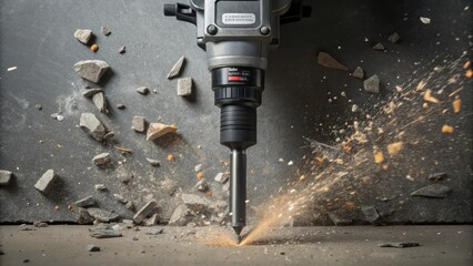 A detailed shot of the jackhammers chisel head aggressively striking the concrete surface fragments of debris flying in all directions showcasing the impact of the tool.