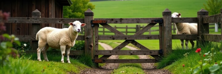 Sheep standing near a wooden gate with a rustic fence , sheep, fencing