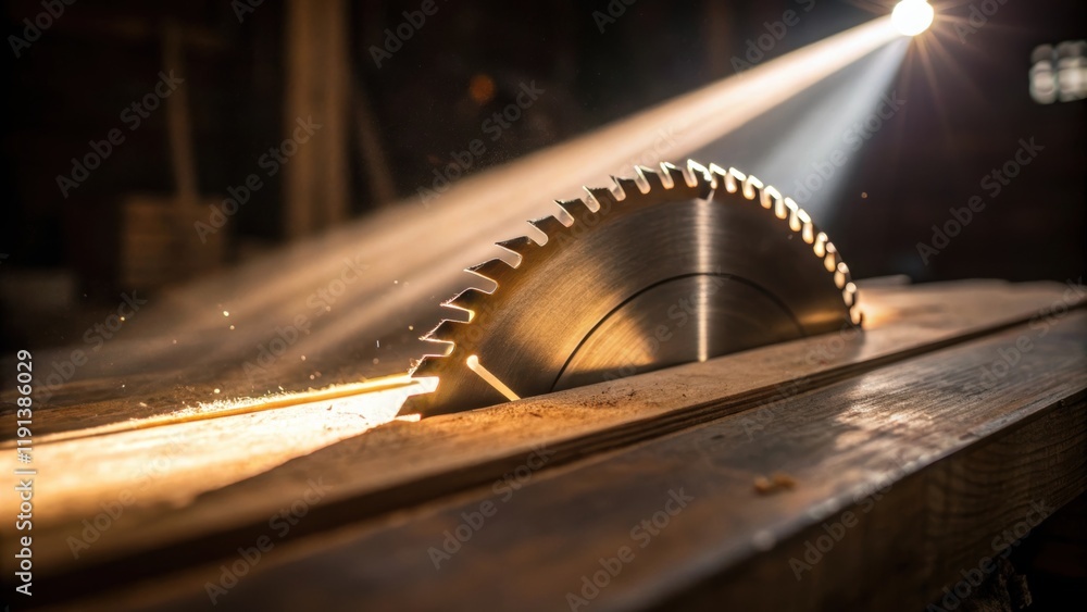 Aufkleber A dramatic medium closeup focusing on the beam of light shining on the circular saws blade illuminating the sharp edges as it prepares to engage with the wood creating an interplay