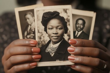 Nostalgic memories: african american hands holding vintage black and white portraits. Black History Month