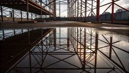 Fototapeta premium A diagonal view of the puddle reflecting geometric patterns of scaffolding and beams from the site showcasing the interplay of reflection and shadow that becomes art in itself.