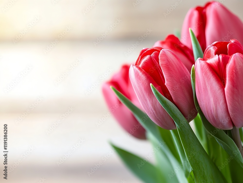 Poster Delicate Red Tulips in Full Bloom with Soft Sunlight and Elegant Green Stems in a Tranquil Setting : Generative AI