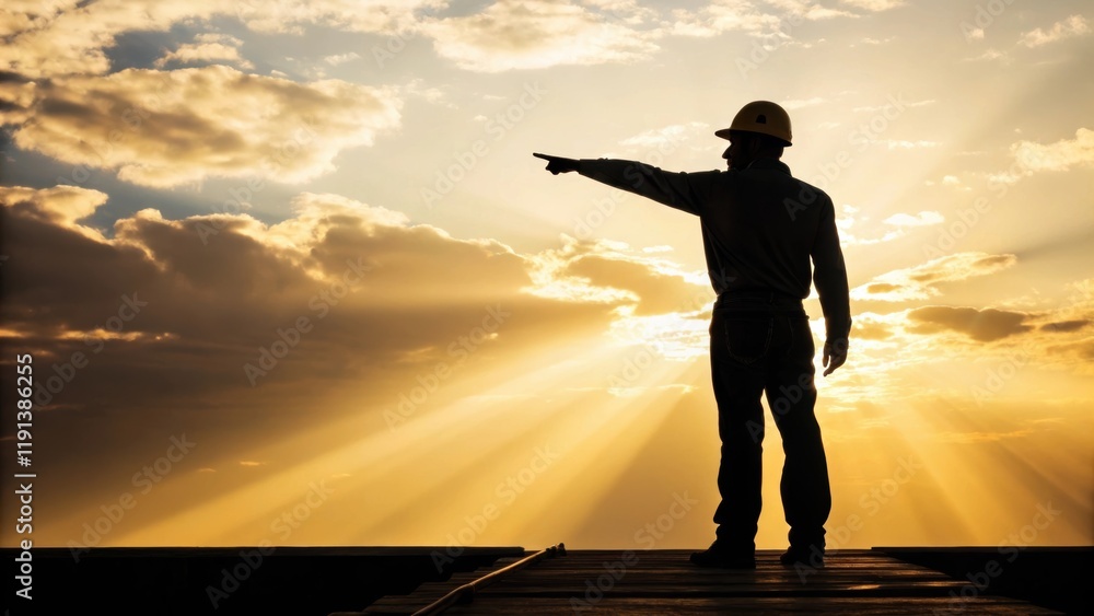 Poster a dynamic silhouette of a worker gesturing towards the horizon enveloped in a bright radiant landsca