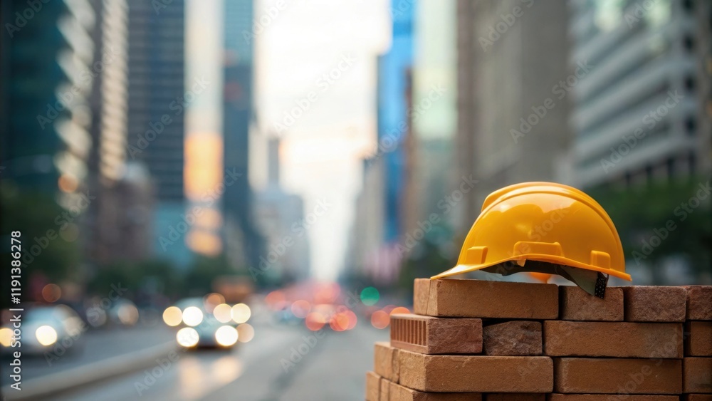 Poster A focused shot capturing a construction helmet resting atop a stack of bricks with blurred skyscrapers and busy traffic in the background revealing a moment of pause amidst the