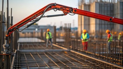 Naklejka premium A dynamic medium closeup of a concrete pumps boom in motion with workers directing the flow as the hydraulic arms articulate gracefully against a backdrop of steel reinforcements