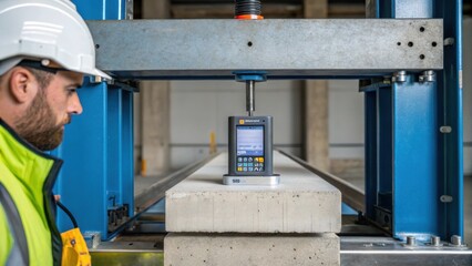 A focused shot of a worker applying pressure to a concrete beam in a testing frame the strain gauges visibly capturing deflection data as the operator notes results.