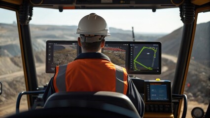 A focused shot of a bulldozer operator wearing safety gear intent on navigating the complex landscape with large screens displaying GPS data reflecting the commitment to accuracy