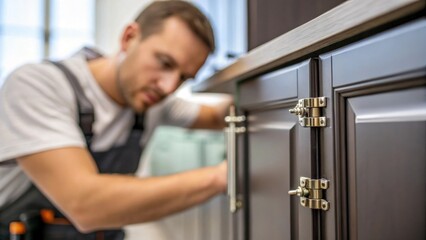 A focused shot of a worker tightening screws into a cabinet with the polished door partially open to reveal softclose hinges and the craftsmanship of the cabinetry.