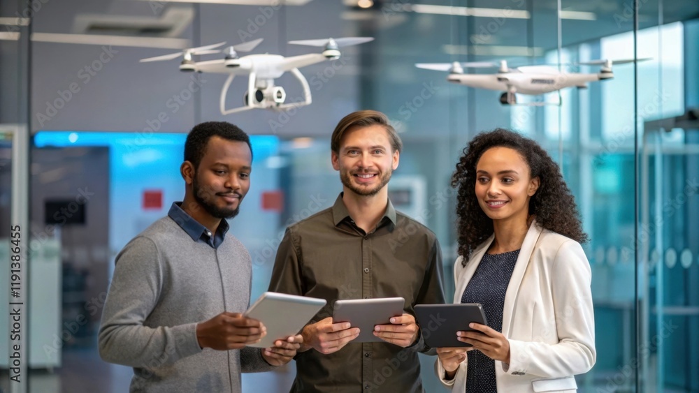 Poster A medium closeup captures a diverse team discussing strategies with digital tablets in hand as drones hover nearby actively transporting materials symbolizing innovation and
