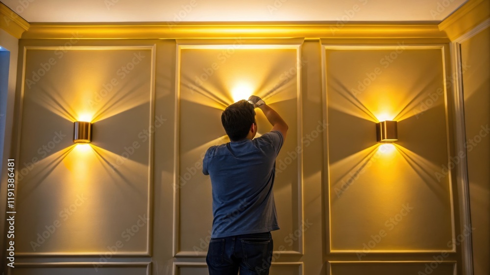 Poster a medium closeup captures a team member adjusting the angle of a wallmounted light with warm yellow 