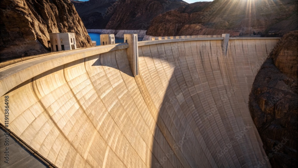 Poster A medium closeup captures the elegant curvature of an arch dam with sunlight reflecting off its smooth arched structure emphasizing the engineering design that allows it to