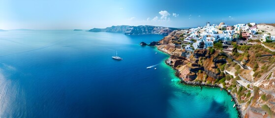 Stunning Aerial View of Santorini Island with Blue Sea and White Buildings