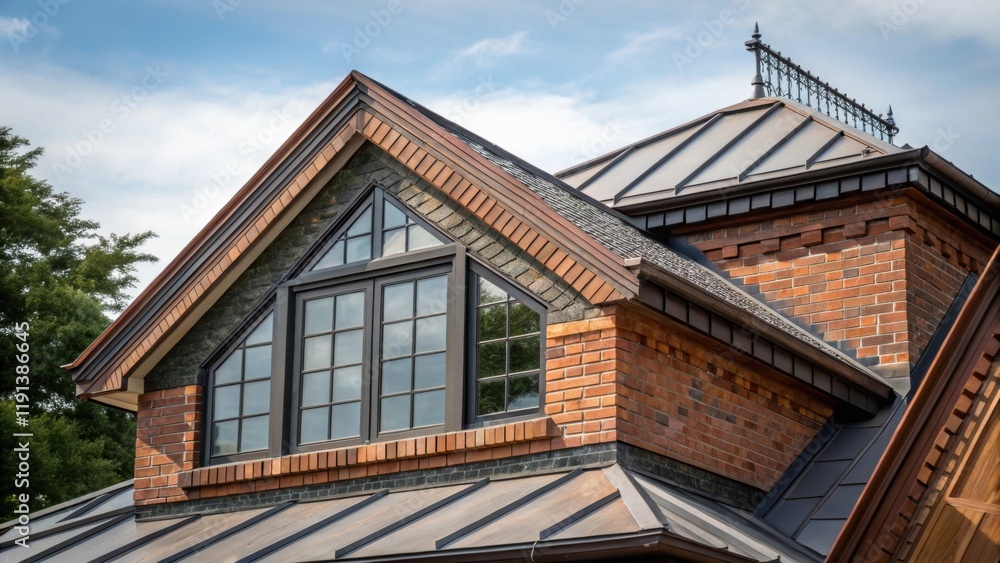 Poster a medium closeup capturing layered roofline details with contrasting materials including metal glass