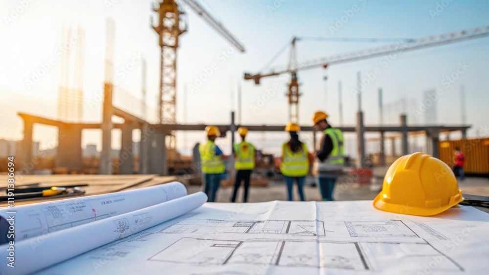 Aufkleber A medium closeup capturing the bustling activity on a construction site with cranes towering in the background and workers collaborating around blueprints spread out on a table