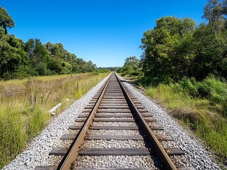 Obraz premium Idyllic Countryside Railroad Tracks Surrounded by Lush Greenery and Clear Blue Skies : Generative AI