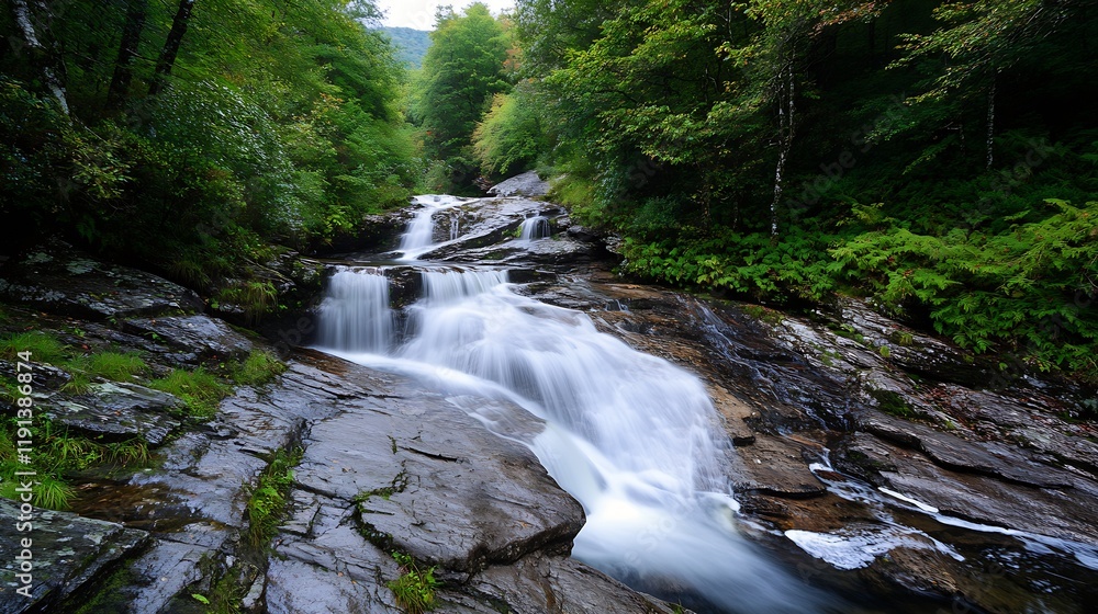 Poster forest waterfall cascading over stone rocks surrounded by greenery : generative ai