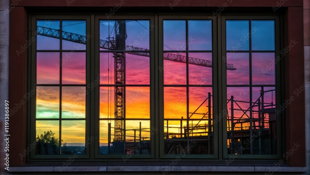 Poster A medium closeup displaying the rich colors of dusk transforming the window into a vibrant canvas with the outlines of construction tools and materials reflected in the glass