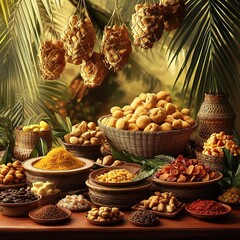 A beautifully arranged table with various food items, including dried fruits and spices, in the background is an illustration of palm leaves hanging from above. 