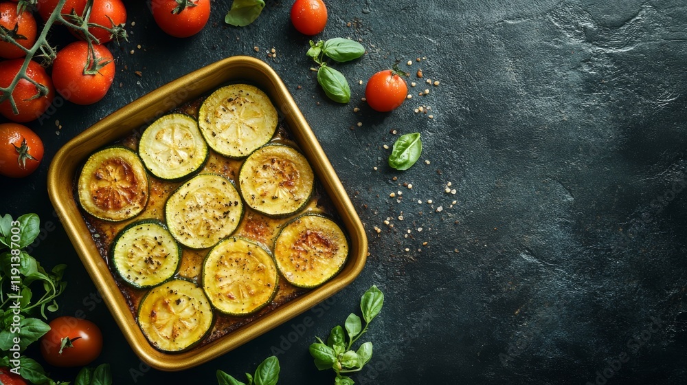 Sticker A minimalistic stock photo featuring freshly baked zucchini slices in a golden dish, surrounded by cherry tomatoes and fresh basil on a dark surface