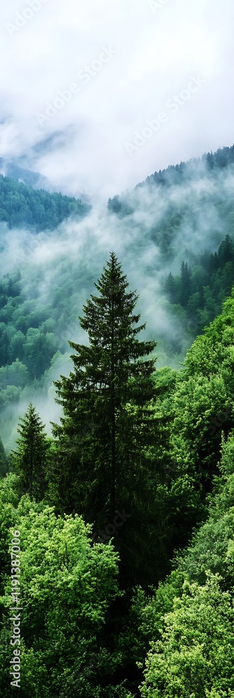 Poster misty forest with dense green foliage and tall evergreens in a serene mountain setting : generative 