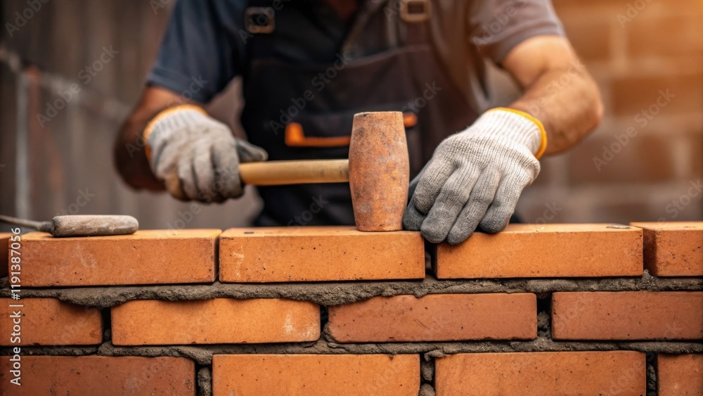 Poster A medium closeup featuring the masons rugged hands stained with mortar as he expertly taps a brick into position with a rubber mallet emphasizing the craftsmanship involved.