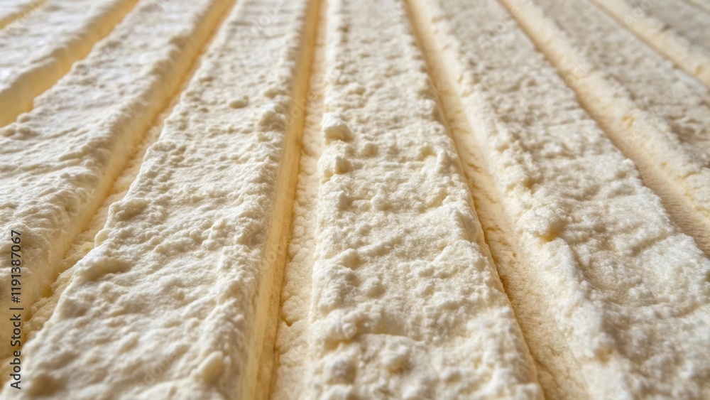 Poster A medium closeup featuring the surface of spray foam insulation with its lumpy uneven texture that shows vertical ridges and grooves giving it a tactile quality reminiscent of