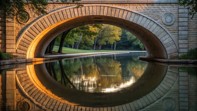 A medium closeup featuring the elegant curve of an arch bridge highlighting the stonework and the interplay of light and shadow across its arch with water reflecting beneath.
