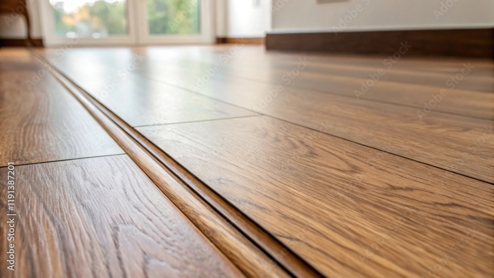Aufkleber a medium closeup focusing on a professionally installed laminate flooring seam highlighting the seam