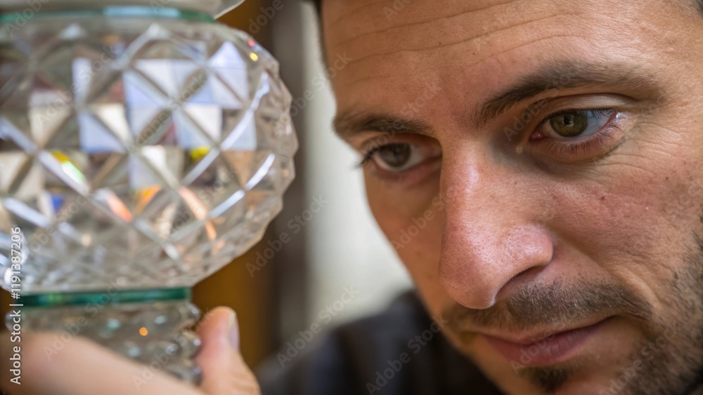Poster a medium closeup focusing on a craftsmans eye as he inspects a glass piece with scoring lines visibl