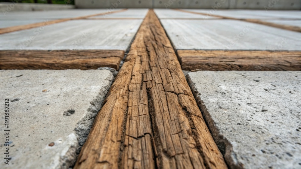 Poster A medium closeup focusing on a section where rustic wood meets raw concrete the stark linear patterns of the concrete contrasting with the freeform nature of the wood creating a