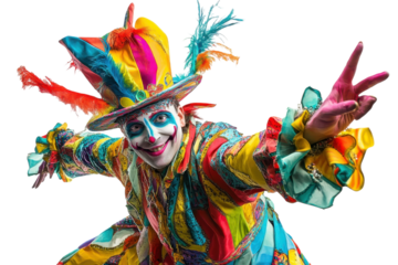 Clown performing with colorful costume and playful expression during festive celebration
