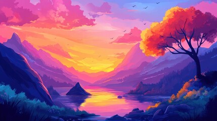 Vibrant Sunset Over Mountains and Lake With Autumn Tree