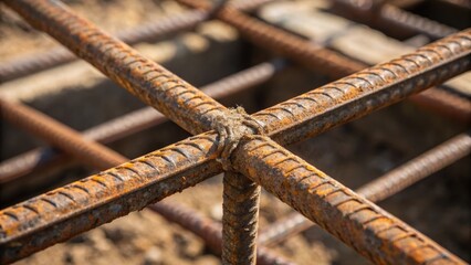 A medium closeup focusing on the intersection of two rebar bars where rust has accumulated in the corners mirroring the complexity of structural connections and the inevitability