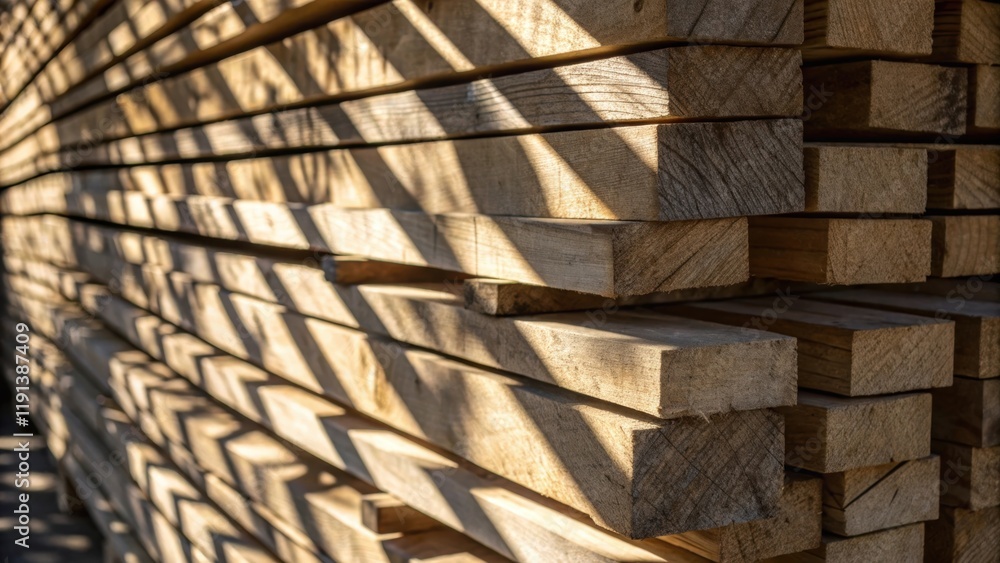 Poster A medium closeup highlighting a section of wooden planks stacked at various angles casting intricate shadows that create a play of light and dark reminiscent of abstract art.