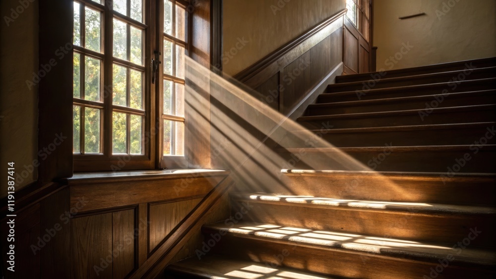 Fototapete A medium closeup highlighting the play of natural light filtering through a nearby window casting dynamic patterns across the staircase and emphasizing its inviting nature.