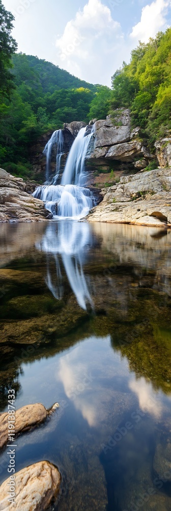 Poster tranquil waterfall cascades into serene forest pool with reflections : generative ai