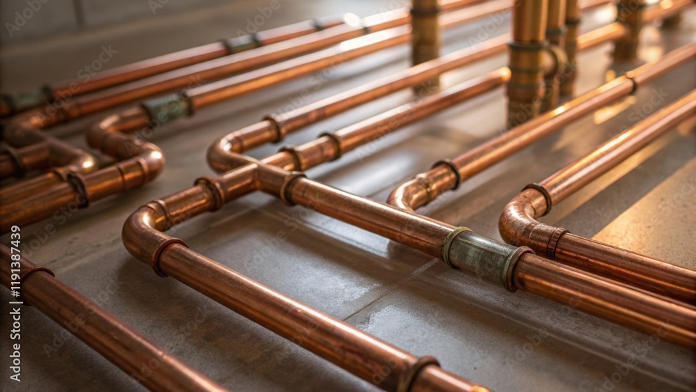 Poster a medium closeup image capturing a network of copper pipes glistening under warm light with some sec