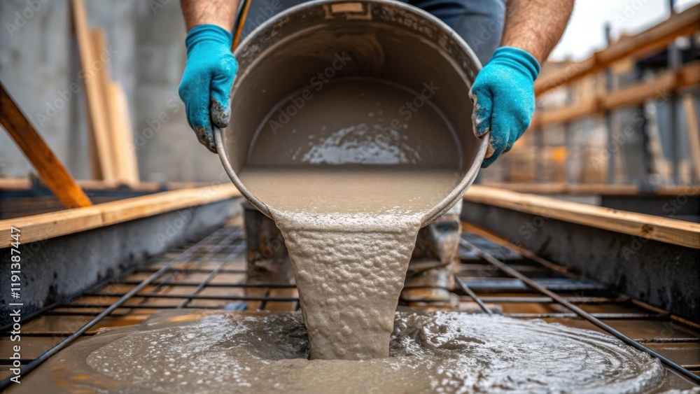 Poster a medium closeup image capturing a worker pouring freshly mixed concrete into the formwork. the thic