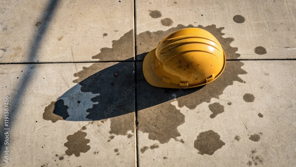 Aufkleber A medium closeup illustrates the hard hats shadow merging with a stain on the concrete forming an abstract composition of shapes and patterns beneath it.