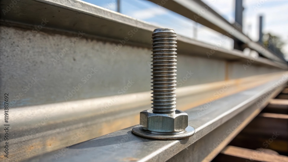 Aufkleber A medium closeup image capturing the threaded end of a steel bolt piercing through the beam with sharp focus on the threads and the surrounding steel illustrating strength via