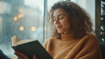 A young woman enjoys a peaceful moment reading by a rain-speckled window in a cozy indoor setting