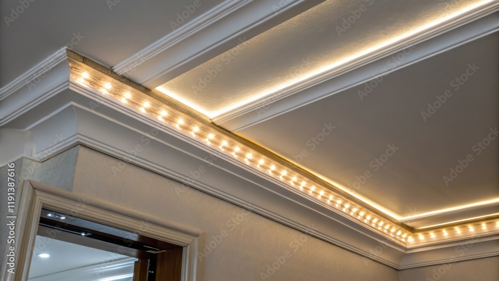 Aufkleber A medium closeup image of LED strip lights being adhered to a ceiling edge showcasing the unique glow emitted while the texture of the adhesive backing and the craftsmanship of the