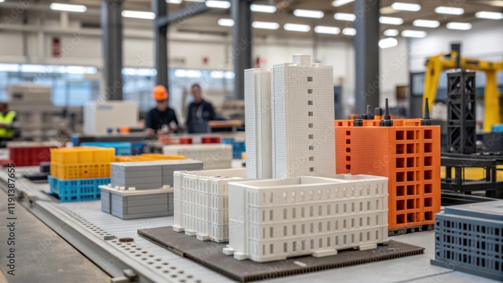 Poster A medium closeup of a 3D printing construction site with layers of various building elements in production giving an insight into the workflow and scale of operations.