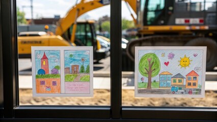 A medium closeup image of childrens drawings displayed in a window depicting their dream neighborhood unaffected by construction. The innocent imagery juxtaposed with heavy
