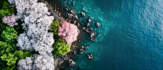 Aerial View of Colorful Trees by Clear Water Shoreline in Nature Scene