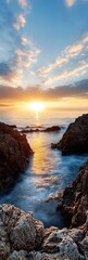 Obraz premium Dramatic Coastal Sunset with Golden Horizons and Glistening Ocean Waves by Jagged Rocks : Generative AI