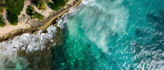 Aerial View of Crystal Clear Ocean Waves and Sandy Beach Along Coastline